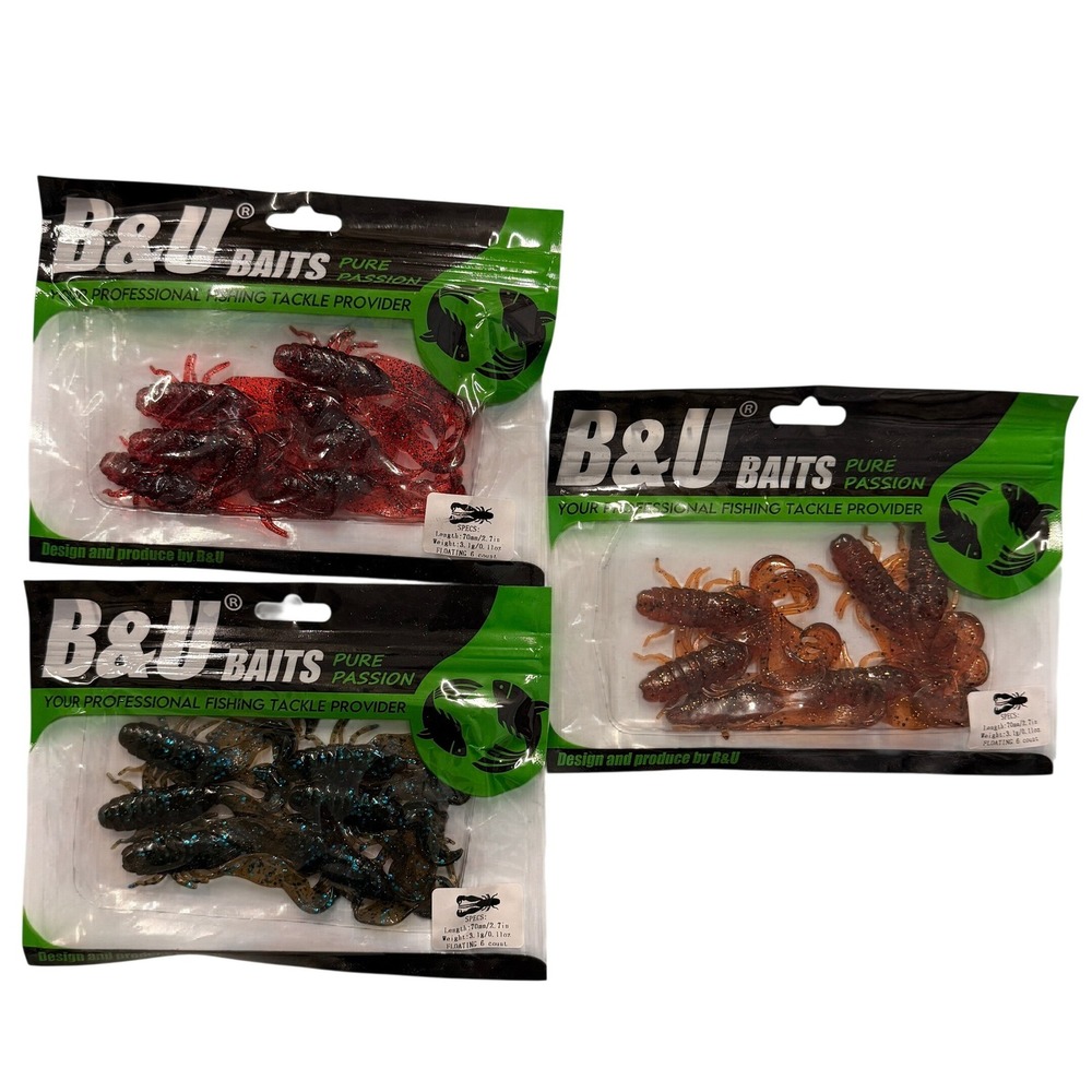 Set of 3 (6 pcs Each) B&U Baits Soft Plastic Floating 2.7" Filet Craw Fishing